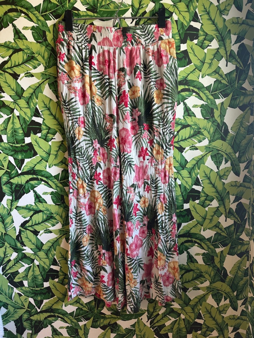 Floral Tropical Print Pants in White with Pink & Green